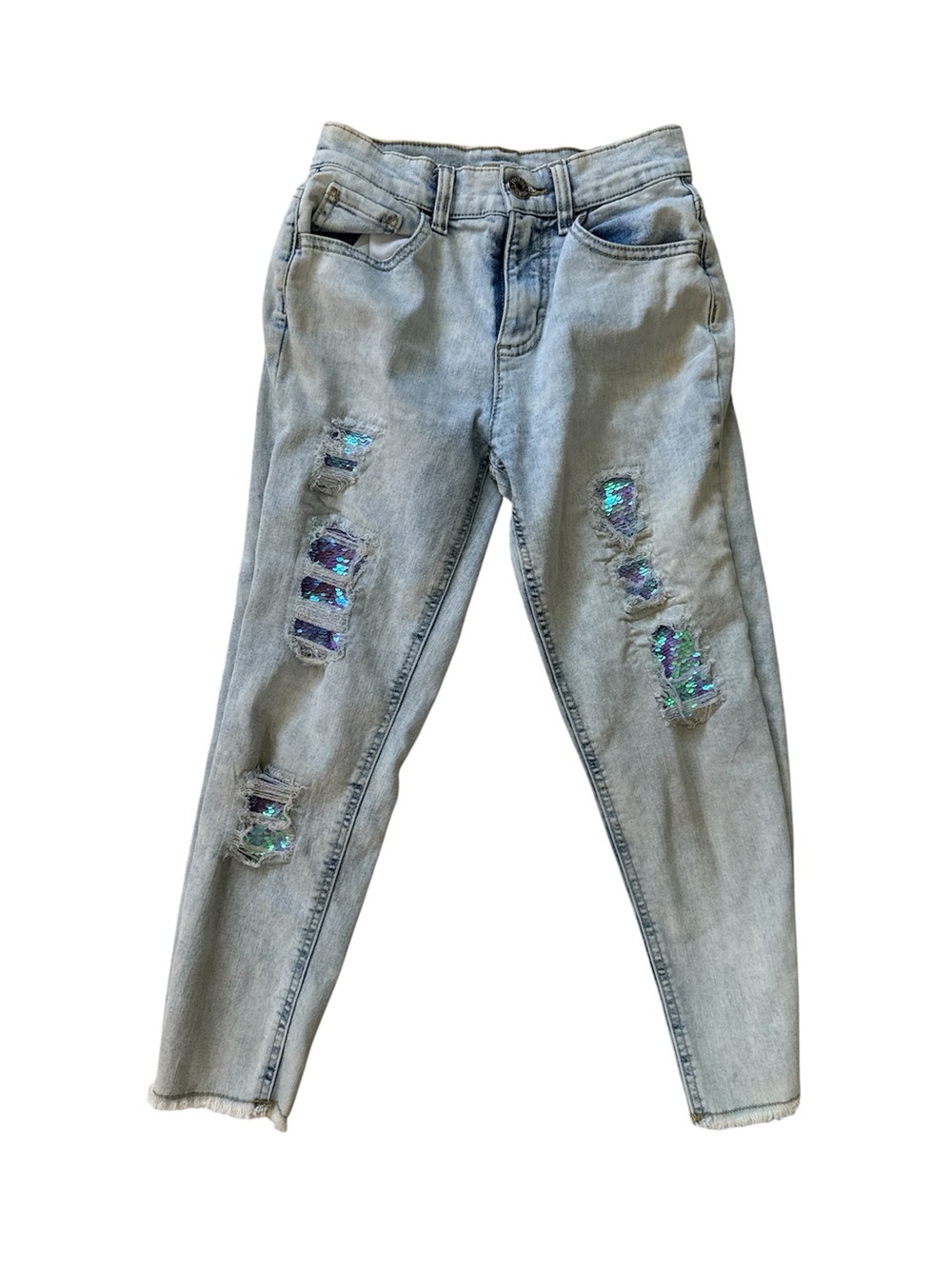 Justice Girls Light Wash Distressed Sequin Patch Jeans Size 10